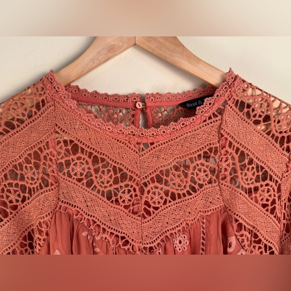 Strut & Bolt Lace Crochet Baby Doll Dress Terra Cotta Flare Sleeve LG Bohemian - Picture 3 of 13